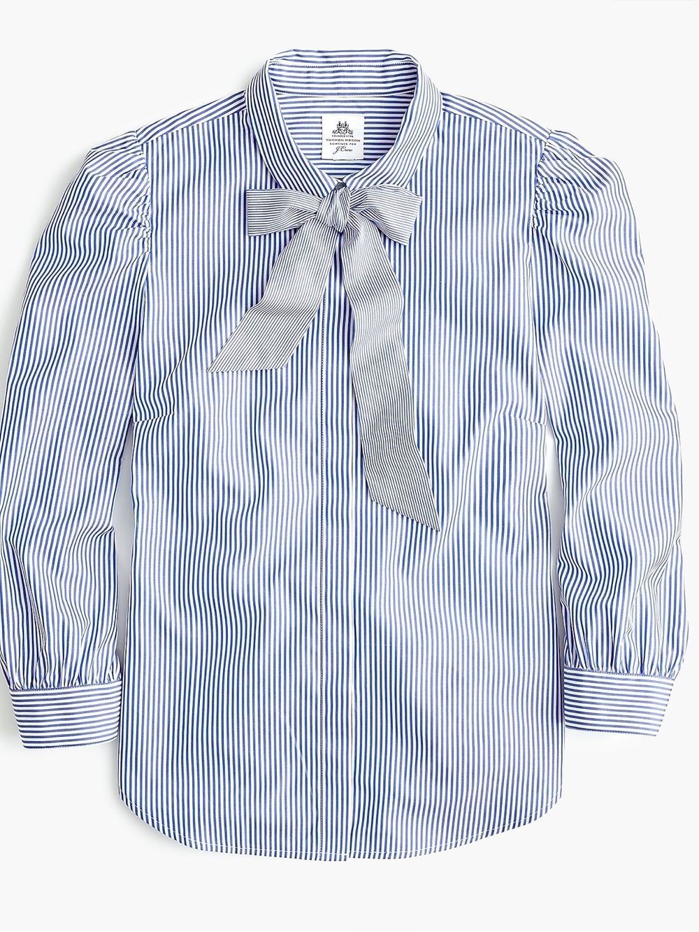 J. Crew x Thomas Mason Blue/White Striped Bow-Tie Blouse Sz 8 Puff Sleeve Preppy - Picture 8 of 13
